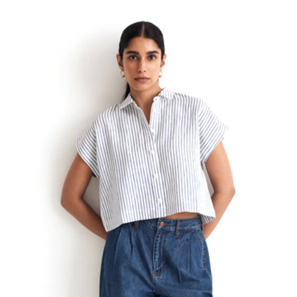 Madewell Striped Dolman Cropped Collared Button Up Shirt - Picture 1 of 13